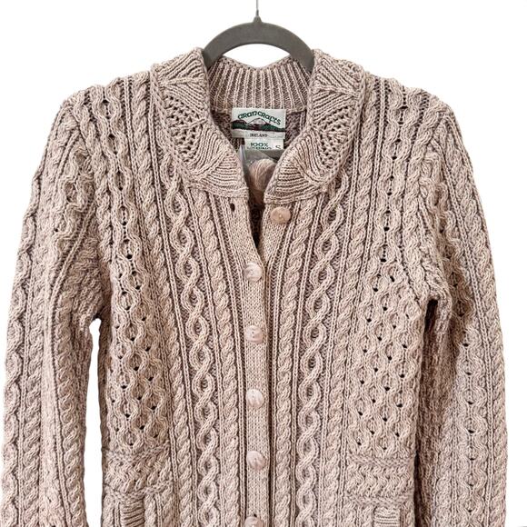 NWOT Aran Crafts 100% Merino Wool Scallop Edge Coat Beige Tan Size Small - Picture 2 of 8